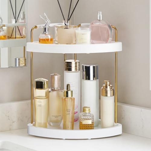 Vtopmart 2-Tier Bathroom Corner Countertop Organizer Vanity Dresser Counter Tray Shelf for Skincare Perfume Makeup Gold