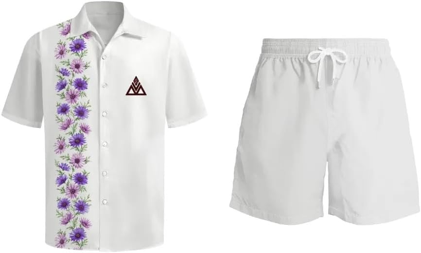 BV Floral Print Button Down Summer Set, Short Sleeve Shirt with Shorts, Anti-Wrinkle