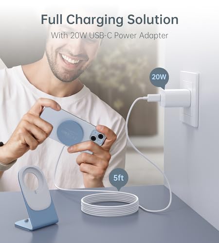 Image of Magnetic Wireless Charger for iPhone 17-12 Series + Aluminum Charger Stand | Mag Charger+20W USB C Adapter, Fast Wireless Charging Stand /Pad with 5ft USB-C Cable for iPhone 17 /16 /15 /14 /13 /12, Airpod Pro