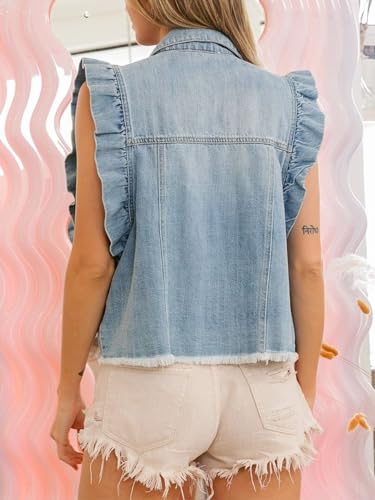 Womens Cropped Ruffled Denim Sleeveless Jacket Washed Ruffle Sleeve Button Down Denim Vest2