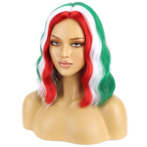 BERON Women Christmas Wig Short Red White and Green Curly Wavy Wig Girls Side Part Heat Resistant Synthetic Wig for Cosplay Costume Daily Party