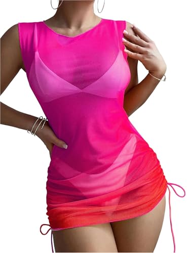 Image of ZAFUL Women Swimsuit Cover Up Dress Ombre Side Ties Sleeveless Sheer Mesh Bathing Suit Coverups Beach Dress