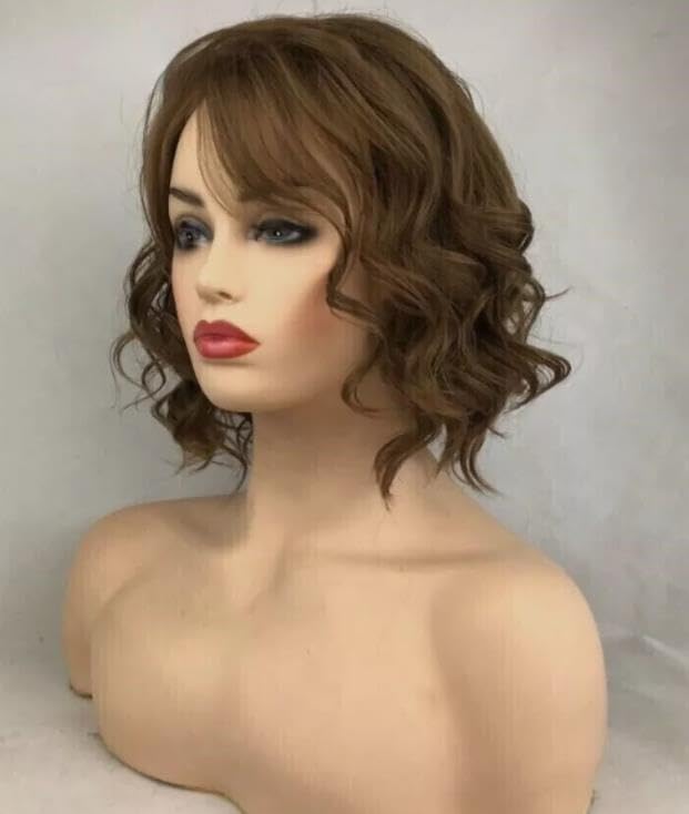 Image of 12-inch Medium Curly Wavy Brown Looking Rose Net for Daily Use with Bangs Natural Daily Party Wig (Dark Brown)