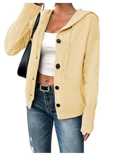 Image of RoseSeek Women's Hooded Cardigan Sweater Long Sleeve Button Front Ribbed Knit Jacket Cardigan Trendy