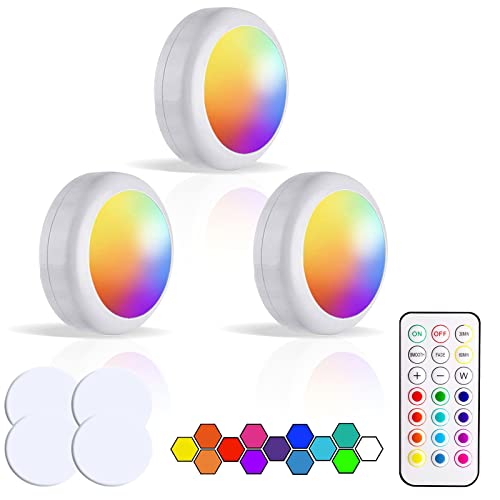 Piashow 3er Set LED Spots Batteriebetrieben mit Fernbedienung, 13 RGB Farbwechsel Unterbauleuchte Küche LED Spot Batterie Schrankbeleuchtung Dimmbar Vitrinenbeleuchtung (Weiß) Cover