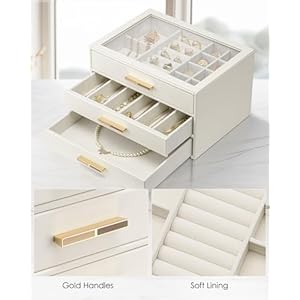 Vlando Jewelry Box for Women, Glass Lid Jewelry Organizer with 3 Drawers for Necklaces Rings Earrings Bracelets Christmas Gift - Cloud White Vlando Jewelry Box for Women Glass Lid Jewelry Organizer with 3 Drawers for Necklaces Rings Earrings Bracelets Christmas Gift Cloud White