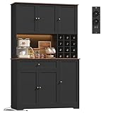 FirFurd Küchenschrank 180cm Buffetschrank mit LED Sideboard für Küche mit Steckdosenleiste Küchenschrank mit Arbeitsplatte & Weinregal für 12 Flaschen Küchenbuffet Küchenmöbel 180x100x39cm schwarz