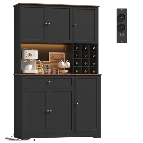 FirFurd Küchenschrank 180cm Buffetschrank mit LED Sideboard für Küche mit Steckdosenleiste Küchenschrank mit Arbeitsplatte & Weinregal für 12 Flaschen Küchenbuffet Küchenmöbel 180x100x39cm schwarz
