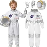Koatobbor Kids Astronaut Costumes America Spacesuit for Boys Girls Space Jumpsuit Halloween Dress up White 8-10 Years