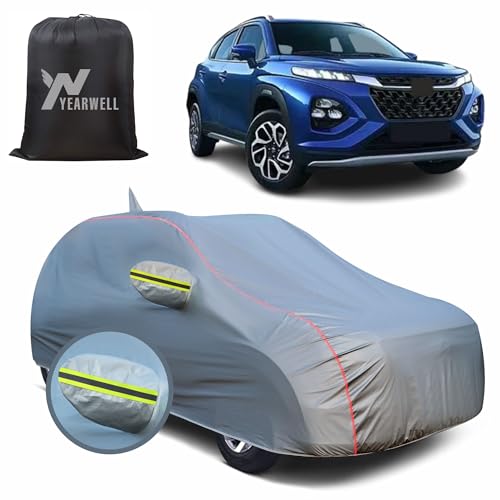 Image of Car Body Cover for Maruti Fronx, 100% Waterproof, Heat-Resistant with Mirror & Antenna Pockets, Soft Cotton Lining, Triple Stitched, Green Reflector (Metallic Grey)