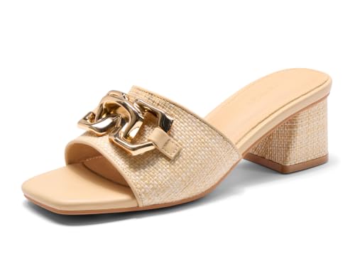 Image of Coutgo Womens Raffia Slide Sandals Chunky Block Heeled Square Open Toe Metal Chain Slip on Mules Dressy Shoes