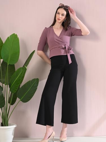 Image of Elegant Wrap Blouse for Women - Deep Neck Knot Design, Slim Fit Crop Style, Classy & Trendy Chic Fashionable Outfit for Casual