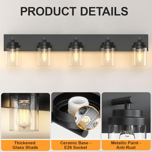 Image of IZORRO Bathroom Vanity Light Fixture, 5-Light 36 Inch Matte Black Bathroom Light Fixtures Over Mirror, with Clear Glass Shade, Modern Farmhouse Vanity Lights, Rustic Restroom Lighting Fixtures