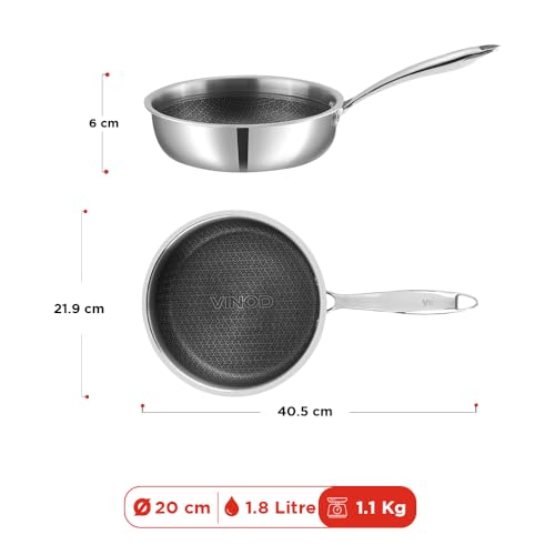 Image of Vinod SAS Pro Platinum Triply Hybrid Non Stick Saute Pan with Lid, (20cm) | Durable Stick Free Cooking Surface | for Curry, Stir Fry, Deep Fry, Sauteing & Roasting | Induction & Gas Compatible