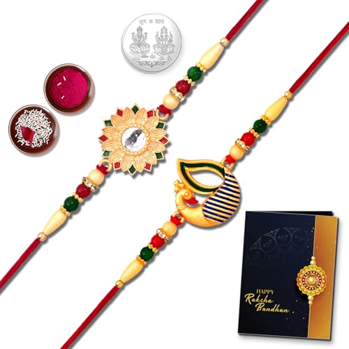 Image of Oblivion Multicolor (K2 323+408) Unisex-Adult Rakhi Combo With Pooja Coin & Rakhi Greeting Card, Rakhi Cards, Rakhi For Brother And Bhabhi, Bhai Bhabhi Rakhi Set, Lumba Rakhi For Bhabhi