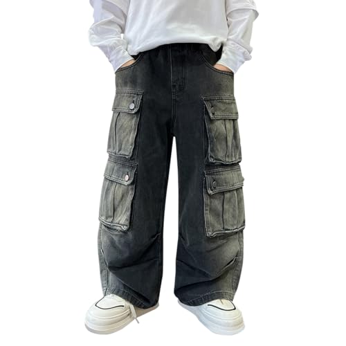 Kids Boys Cargo Jeans Casual Baggy Wide Leg Jeans Loose Trousers Toddler Distressed Demin Pants with (Black, 7-8 Years)