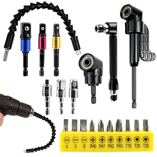 Set da 20 Pezzi Adattatore per Trapano ad Angolo Retto 105°,cacciavite angolare 1/4 pollici,Prolunga Trapano Flessibile, avvitatore angolare per foratura in spazi ristretti