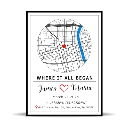 Poster personalizzato mappa di "Dove tutto ebbe inizio", stampa de mappa personalizzata con opzione cornice, regalo anniversario di matrimonio per moglie, regalo di Natale speciale per lei, per lui