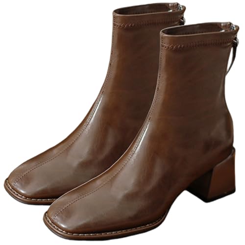 [Missmo] ブーツ レディース ショートブーツ チャンキーヒール レディース靴 ストレッチ 美脚 厚底 疲れない 安定感 歩きやすい 通勤 オフィス 秋 冬 暖かい (ダークブラウン, 23.5 cm)