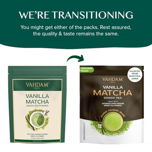 VAHDAM, Vanille Matcha Grüner Tee Pulver (100g, 100+ Tassen) 100% Natürlich Premium Qualität Japanischer Herkunfts Matcha Teepulver | Brauen Sie Köstlichen Latte