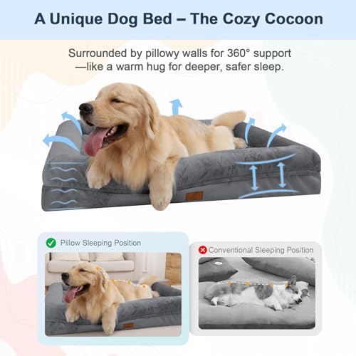 Image of Jumbo Waterproof Dog Bed for Extra Large Size Dogs with Bolster | 360 Degree Bolster Support, Egg Crate Foam, Waterproof Liner, Non-Slip Bottom, Machine Washable Cover, 53 x 42 Inch