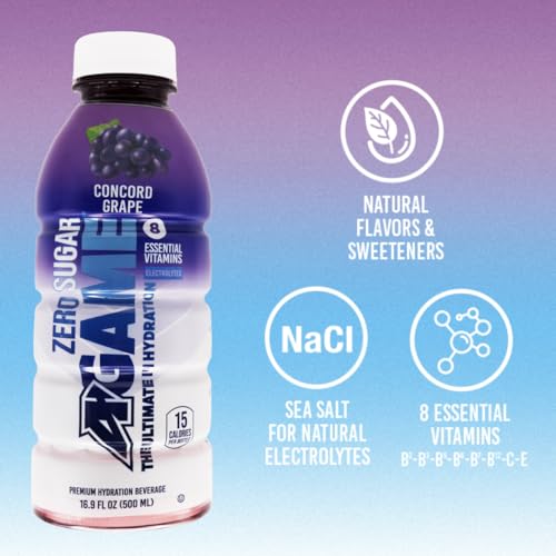 A-GAME Zero Sugar Sports Drink, Concord Grape Zero, Sugar FreNatural Flavors, Gluten Free & Keto Friendly, 16.9 Fl Oz (Pack of 12)