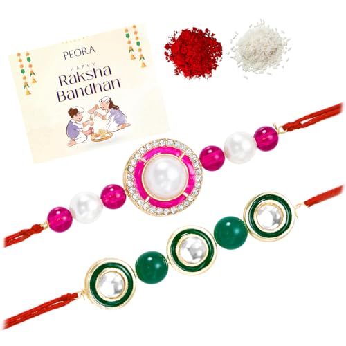 Image of Peora Rakhshabandhan Thread Rakhi for Brother Bhaiya | Kundan Beads & Crystal Studded | Combo Set of 2 | Rakhi Hamper Roli Chawal & Greeting Card