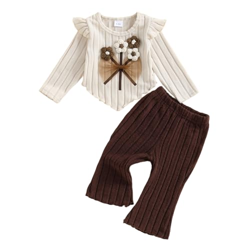 Beauace Baby Mädchen Kleidung Neugeborene Rüschen Langarmshirt + Hose Outfit 3D Blumen Druck Hosen Set Kleinkinder 2tlg Herbst Winter Süße Babykleidung (Khaki, 9-12 Monate)