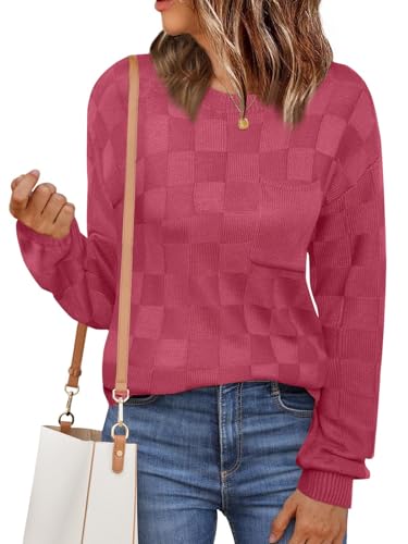 Womens Sweaters 2025 Fashion Trendy Long Sleeve Crewneck Checkered Sweater Knit Loose Pullover Sweater Tops