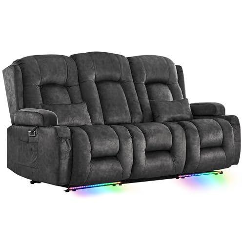 SnyFivv Elektrischer Relaxsessel mit Liegefunktion, Dreisitzer Fernsehsessel mit Konsole TV Sessel Heimkino mit Heizung & Vibrationsmassage | USB & Type C | Getränkehalter | Samt (Grau)