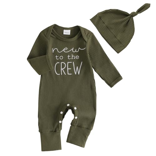 Image of Twopumpkin Baby Boy Girl Knit Onesie Romper Coming Home Outfit Infant Fall Winter Spring Clothes With Hat (New to the Crew Army Green, Newborn)