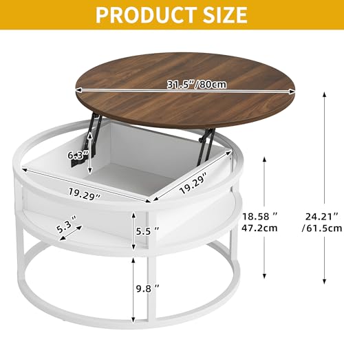 DWVO Coffee Tables for Living Room, Round Lift Top Coffee Table with Storage and Hidden Compartment, Rustic Small Circle Coffee Table,Wood Center Table, Brown and White