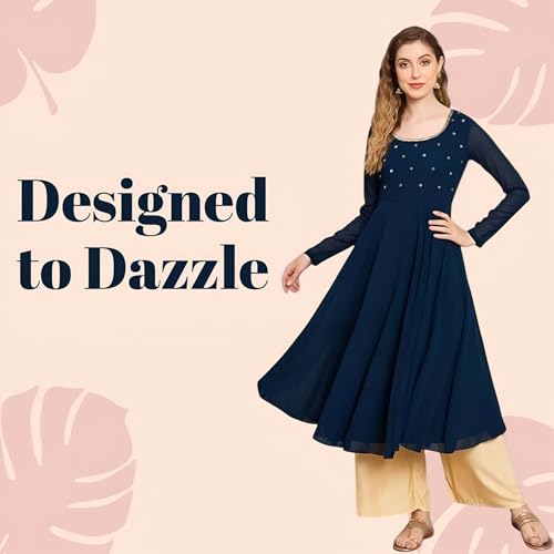 Image of PH POSHAKHUB Georgette Regular Fit Hand Embroidery Anarkali Kurta Set for Women, Yoke Anarkali Kurta for Woman, Ankle Length Anarkali Suit for Women, Full Sleeve Kurti, Dress for Woman