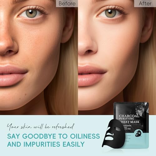 Image of 3 Pack Charcoal Purifying Sheet Mask, Deep Purifying Pore, Hydrating, Gentle Care Skin, Rejuvenating Clarity Collagen Essence Facial Mask with Charcoal Extract & Hyaluronic Acid for Women