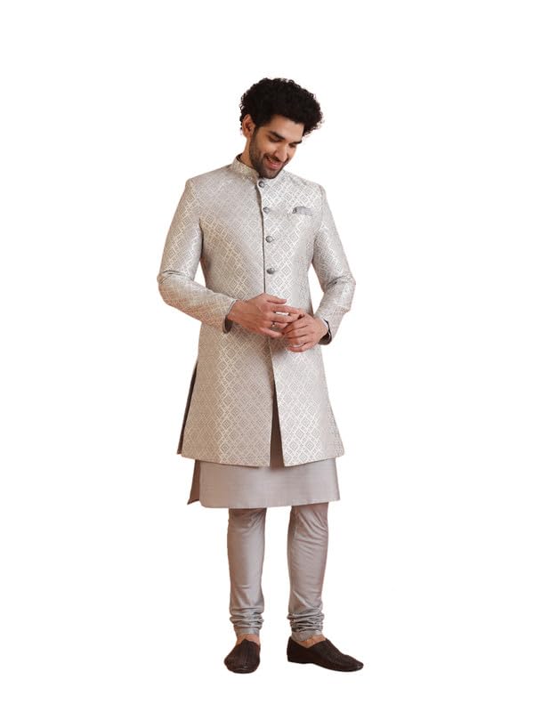 kisah Men's Silk Blend Textured Woven Sherwani Set | Wedding Groom Festive Traditional Occasions-picture-21