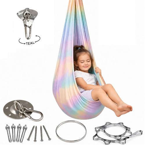 Aerial Yoga Hängematte Sensorische Nestschaukel für Indoor & Outdoor Anti-Gravity mit Befestigungsset bis 210 kg belastbar für Entspannung Stretching & Training (Regenbogen 280 x 150 cm)