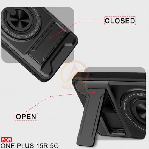 Image of OnePlus 15R 5G Back Cover | Armor Camera Slider 360 Degree Rotating Finger Ring Holder Case with Bracket Stand Back Case Cover (Compatible with MagSafe Accessories) (Black)