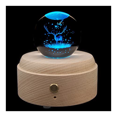 JSSEVN Caja de música giratoria con bola de cristal 3D con luz LED Bluetooth, adorno de escritorio, base de madera, regalo para cumpleaños, Navidad, alce