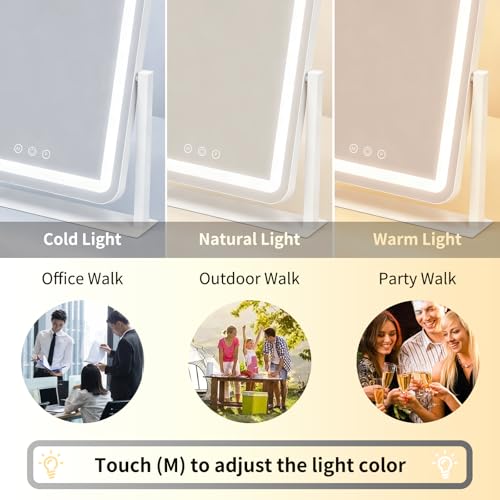 Image of ROLOVE Vanity Mirror with Lights 14.6x13 Inch, Smart Touch Control, 3 Color Lighting Modes, Table Top Mirror with Stand for Bedroom