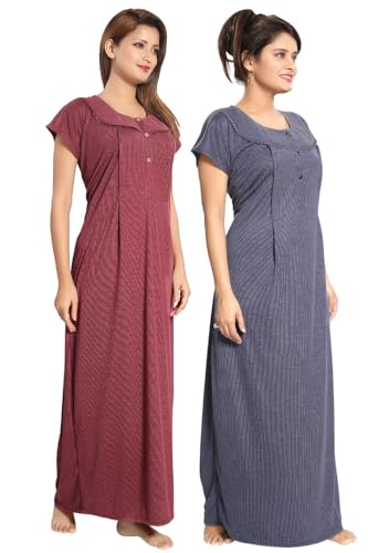 Image of Fabme Women's Polycotton Nursing Nightgown - Concealed Zip, Long, Textured Nighty for Maternity, Feeding