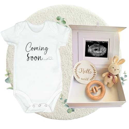 ArtEleven Pregnancy Announcement Onesie – Includes Crochet Bunny, Wood Rattle, sign & Box | Coming Soon Baby outfit for Grandma, husband and Family, Baby Reveal Set 2027