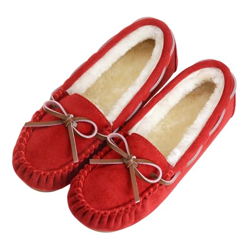 Vonair Womens Moccasin Slippers Micro Suede Warm Faux Fur Pile Lined Lace-Up Bow Cozy Indoor & Outdoor Moccasins Slip On Loafers Shoes for Women Red US 6