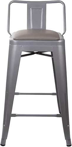 Vista 107 de GIA Taburete de metal con respaldo bajo de altura de mostrador de 24 pulgadas con asiento de cuero vegano, color plateado