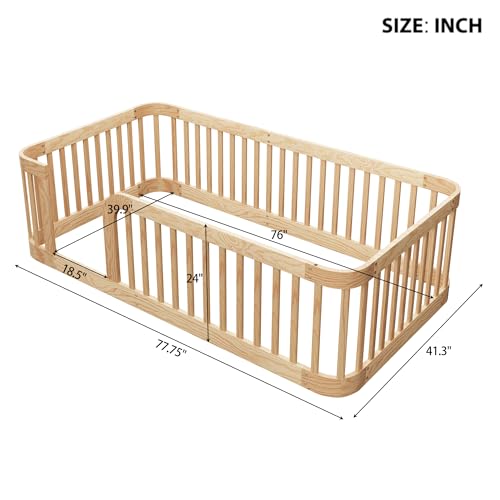 Image of Bellemave Twin Size Floor Bed Frame with High Fence,Solid Wood Kids Montessori Floor Bed Twin Size for Kids Girls Boys,Rounded Corner Design,Natural