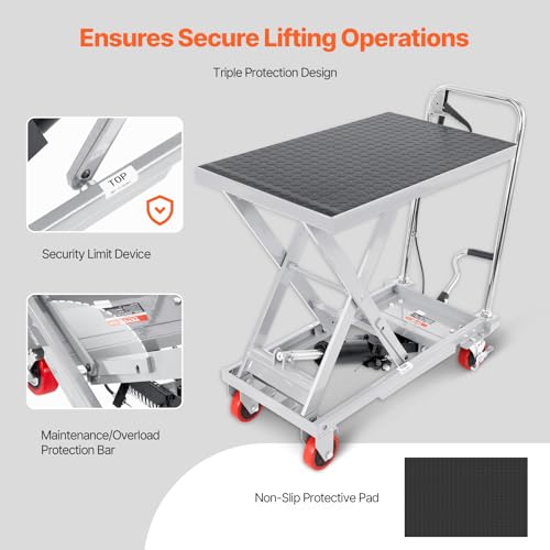 Image of VEVOR Hydraulic Lift Table Cart, 500 lbs Load Capacity, 28.5-Inch Lifting Height, Manual Single Scissor Lift Table with 4 Wheels and Non-Slip Pad, Gray, Alloy Steel