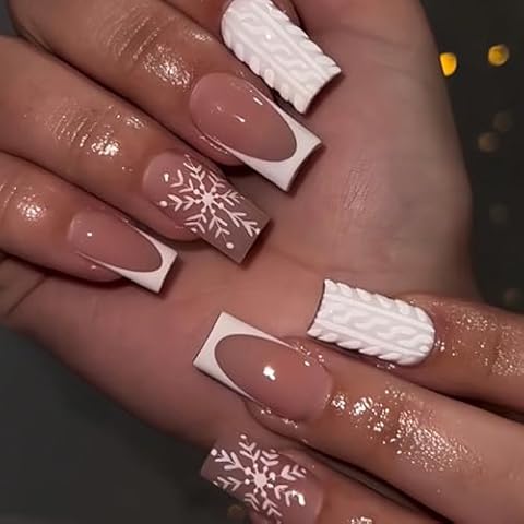 Christmas Press on Nails Coffin Glue on Nails Sweater White Fake Nails wtih Glue Glossy Tapered Square False Nails French Tip Nails Press on Acrylic Nails Snowflake Stick on Nails for New Years Gifts Cover