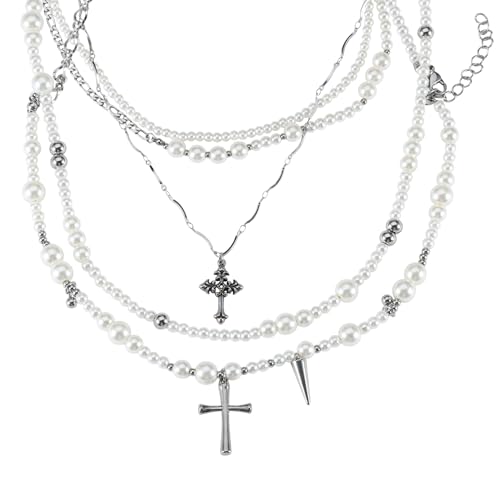 IDOKAWA Goth Rose Flower Imitation Pearl Bead Cross Pendant Necklace For Women Multilayer Pearl Chains Aesthetic Vintage Luxury Jewelry Fashion Accessories Creative Gift for Women