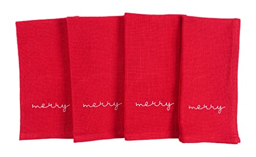 KAF Home Embroidered Holiday Dinner Napkins - 100% Cotton Enzyme Washed Slubbed Cloth Napkins - Set of 4 (Merry)