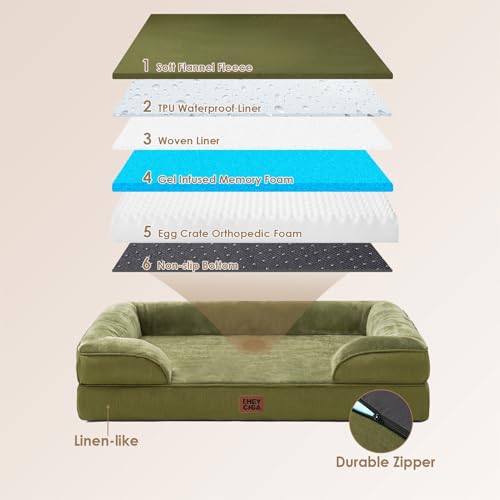 Image of EHEYCIGA Orthopedic Dog Beds Large Sized Dog, Waterproof Memory Foam Pet Bed with Sides, Non-Slip Bottom Large Pet Bed with Washable Removable Cover, Olive Green