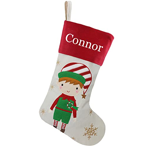 DearSun 18 Dia Personalized Christmas Stocking with Embroidered Names Lovely Christmas Boy Elf Designs Quality Linen Stockings for Holiday Family DecorBoy Elf